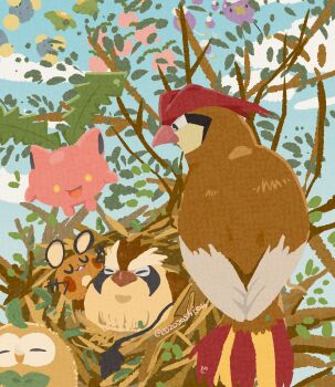 absurdres animal_focus beak bird bird_nest closed_eyes closed_mouth day dedenne drifloon evolutionary_line full_body gen_1_pokemon gen_2_pokemon gen_4_pokemon gen_6_pokemon gen_7_pokemon highres hoppip jumpluff leaf nest nintendo no_humans outdoors owl pidgeot pidgey pokemon pokemon_(creature) pokemon_focus rowlet skiploom sky sleeping smile tongue tongue_out tree wings yellow_eyes zozozoshion