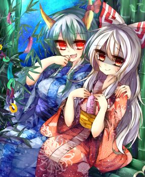 Rule 34 | 2girls, averting eyes, bad id, bad pixiv id, bamboo, caved (touhou), fangs, fujiwara no mokou, green hair, holding, holding tanzaku, japanese clothes, kaenuco, kamishirasawa keine, kimono, long hair, multiple girls, red eyes, ribbon, shaded face, silver hair, sweat, tanabata, tanzaku, touhou, you gonna get raped