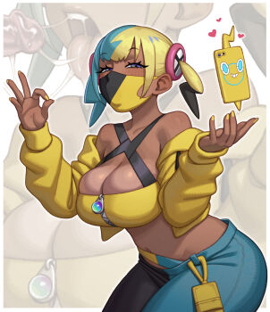 1girl aqua_hair bandeau black_mask blonde_hair breasts canari_(pokemon) center-flap_bangs criss-cross_halter dildo_under_mask gen_4_pokemon halterneck highres jacket large_breasts mask mouth_mask multicolored_hair nintendo pokemon pokemon_(creature) pokemon_legends:_z-a riz rotom rotom_phone saliva saliva_trail short_twintails split-color_hair tan tongue twintails two-tone_hair two-tone_mask yellow_bandeau yellow_jacket yellow_mask