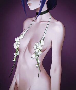 1girl black_choker breasts chainsaw_man choker closed_mouth flower head_out_of_frame highres navel nude pcharlesart purple_background purple_hair reze_(chainsaw_man) small_breasts solo white_flower