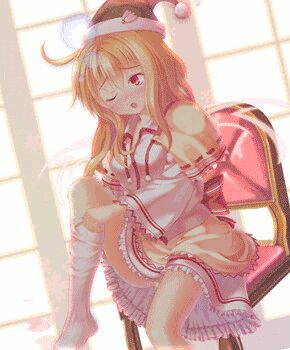1girl anger_vein animated animated_gif bad_id bad_pixiv_id blonde_hair blush dragoner female_focus huge_filesize kemonomimi_mode lily_white lowres md5_mismatch red_eyes single_thighhigh solo tail thighhighs touhou ugoira wings
