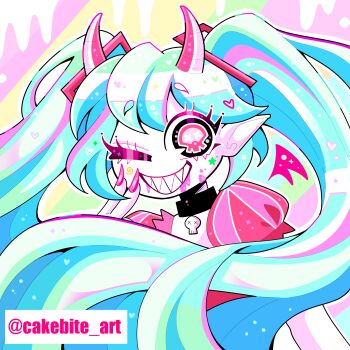 1girl :d ;d absurdres alternate_skin_color arm_at_side bare_arms big_hair black_choker black_eyes blood blood_from_mouth blood_on_face blue_hair choker colored_skin commentary cutout_eyelashes demon_girl demon_horns english_commentary facial_mark fingernails frilled_sleeves frills green_background green_streaks grin hair_behind_ear hair_ornament hand_up hatsune_miku heart highres horns instagram_username inward_v long_fingernails long_hair multicolored_hair no_nose one_eye_closed open_mouth outline pink_background pink_blood pink_horns pink_nails pink_streaks pointy_ears puffy_short_sleeves puffy_sleeves raised_eyebrows red_shirt saturated sharp_fingernails sharp_teeth shirt short_eyebrows short_sleeves sidelocks simple_background single_sidelock skull_choker smile solo sonadrawzstuff star_(symbol) star_facial_mark streaked_hair tareme teeth twintails upper_body v very_big_eyes very_long_hair vocaloid white_background white_outline white_skin white_streaks yellow_background