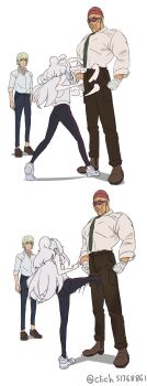 1girl 2boys afterimage artist_name bask_om beanie black_pants blonde_hair boots brown_boots clich51368861 collared_shirt crotch_kick deux_murasame gates_capa gloves goggles green_necktie grin gundam gundam_gquuuuuux half_updo hat height_difference highres kicking long_hair meme multiple_boys multiple_views muscular muscular_male necktie pale_skin pants punching raiden_punching_armstrong_(meme) rapid_punches red-tinted_eyewear sequential shirt shirt_tucked_in shoes short_hair simple_background sleeveless sleeveless_shirt smile tinted_eyewear twitter_username white_gloves white_hair white_shirt white_shoes