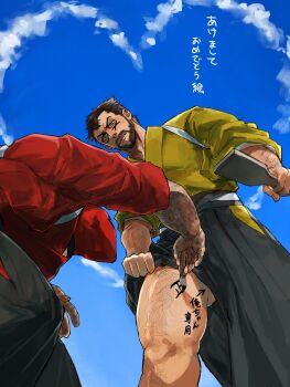 2boys absurdres arm_hair bara beard blue_sky body_writing brown_hair calligraphy_brush cloud commentary_request deadpool deadpool_&amp;_wolverine deadpool_(series) facial_hair from_below green_eyes hairy highres holding holding_calligraphy_brush holding_paddle holding_paintbrush immjb5x8u9akn7a japanese_clothes kimono leg_hair looking_at_another male_focus marvel marvel multiple_boys muscular muscular_male outdoors paddle paintbrush pectorals red_mask scar scars_all_over short_hair sky teeth too_many translation_request v-shaped_eyebrows wolverine_(x-men) x-men yaoi