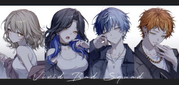 2boys 2girls aoyagi_touya azusawa_kohane bag black_bag black_choker black_hair black_jacket blazer blonde_streaks blue_hair blue_nails breasts brown_eyes brown_hair chain chain_necklace choker closed_mouth collarbone colored_inner_hair column_lineup commentary curtained_hair domyo earrings fanny_pack from_side green_eyes grey_eyes group_name half-closed_eyes hand_on_own_cheek hand_on_own_face hand_up hat highres holding holding_unworn_clothes holding_unworn_hat jacket jewelry lapels large_breasts letterboxed long_hair long_sleeves looking_at_viewer medium_breasts medium_hair messy_hair multicolored_hair multiple_boys multiple_girls multiple_rings nail_polish necklace off_shoulder official_alternate_costume official_alternate_hairstyle open_clothes open_jacket open_mouth orange_eyes orange_hair parted_lips project_sekai red_jacket ring shinonome_akito shiraishi_an shirt short_hair sidelocks simple_background split-color_hair streaked_hair tank_top turning_head two-tone_hair unworn_hat unworn_headwear upper_body very_short_hair vivid_bad_squad_(project_sekai) wavy_hair white_background white_hat white_shirt white_tank_top zozotown