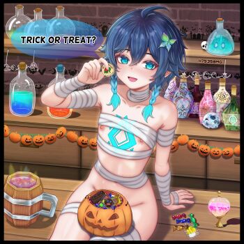 1boy absurdres artist_name bandaged_arm bandaged_chest bandages blush bottomless braid candy chest_tattoo cup english_text food genshin_impact green_eyes green_hair hacker75358mg halloween halloween_costume highres jack-o&#039;-lantern looking_at_viewer male_focus mug mummy_costume naked_bandage nipples open_mouth sitting solo tattoo trap twin_braids venti_(genshin_impact)