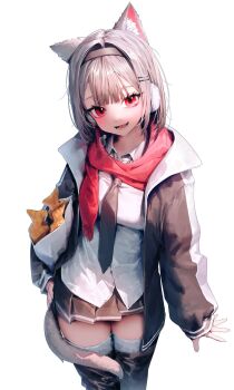 1girl animal_ear_fluff animal_ears arms_at_sides bag black_hairband black_jacket black_skirt breasts cat_ears cat_girl cat_tail cf_sdg collared_shirt double-parted_bangs fang feet_out_of_frame food grey_hair grey_necktie hair_intakes hair_ornament hairband hairclip hashtag-only_commentary highres jacket long_sleeves looking_at_viewer miniskirt necktie neneko_mashiro open_clothes open_jacket open_mouth paper_bag parallel_hairclips pleated_skirt red_eyes red_scarf scarf school_uniform shirt short_hair simple_background skin_fang skirt smile solo standing stellive tail taiyaki thighhighs virtual_youtuber wagashi white_background white_shirt wing_collar zettai_ryouiki