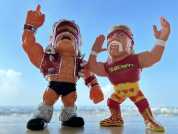 Rule 34 | 2boys, abs, biceps, facial hair, figure, full body, grin, highres, hulk hogan, kinnikuman, look-alike, manly, mask, multiple boys, muscular, mustache, neptuneman, open mouth, pectorals, photo (medium), smile, standing, tank top, vest, wrestling, wrestling mask, wrestling outfit