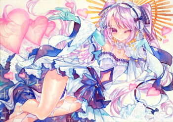 1girl breasts chikinan_tarou clothing_cutout dress euryale_(fate) fate/grand_order fate_(series) gloves hairband heart long_hair marker_(medium) navel_cutout painting_(medium) purple_eyes small_breasts smile solo thigh_gap traditional_media twintails very_long_hair watercolor_(medium)