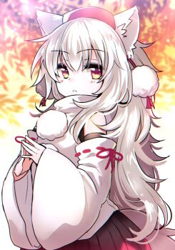 1girl :&lt; absurdres alternate_hair_length alternate_hairstyle animal_ears black_skirt blurry blurry_background closed_mouth commentary_request crossed_bangs detached_sleeves frown hair_between_eyes hat highres inubashiri_momiji leaf long_hair long_sleeves maple_leaf maple_tree own_hands_together pokopoko_ponzu pom_pom_(clothes) purple_sky red_eyes red_hat red_ribbon red_trim ribbon ribbon-trimmed_sleeves ribbon_trim shirt skirt sky solo split_mouth tail tokin_hat touhou tree upper_body very_long_hair white_hair white_shirt wide_sleeves wolf_ears wolf_girl wolf_tail