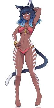 1girl animal_ear_fluff animal_ears arm_behind_head barefoot bikini blue_eyes blue_hair blue_nails body_markings breasts cat_ears cat_girl cat_tail commentary commission corrupted_twitter_file dark-skinned_female dark_skin english_commentary fingernails full_body hand_on_own_hip highres looking_at_viewer medium_breasts medium_hair nail_polish navel oninuer open_mouth original pink_bikini simple_background smile solo stomach swimsuit tail toenail_polish toenails white_background