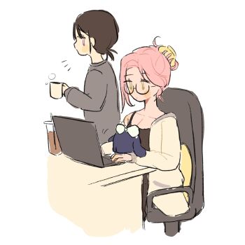 2girls alien_stage black_camisole black_hair camisole cardigan chair claw_hair_clip coldmeow commentary computer cup drink drinking_straw glasses green_eyes grey_sweater hair_ornament hairclip hashtag-only_commentary highres holding holding_cup laptop mizi_(alien_stage) mug multiple_girls office_chair on_chair pink_hair purple_eyes sitting stuffed_toy sua_(alien_stage) sweater swivel_chair yellow_cardigan