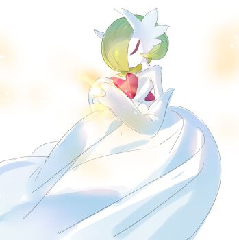 bob_cut closed_eyes closed_mouth colored_skin commentary dress feet_out_of_frame gardevoir gen_3_pokemon mega_gardevoir mega_pokemon nintendo no_humans own_hands_together pokemon pokemon_(creature) pokemon_focus shisantian solo symbol-only_commentary white_dress white_skin