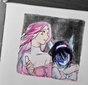 Rule 34 | 2girls, alien stage, black hair, commentary, dress, ewltrqat, forehead jewel, hairband, holding, holding microphone, long hair, microphone, mizi (alien stage), multiple girls, partially shaded face, pink dress, pink hair, sua (alien stage), traditional media, turtleneck, turtleneck dress, two-tone dress, white hairband, white wings, wings, yellow eyes