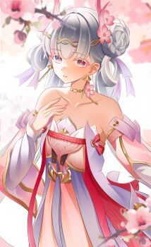 Rule 34 | 1girl, absurdres, bare shoulders, breasts, chijiandeyusang, closed mouth, commentary, dress, fingernails, flower-shaped pupils, grey eyes, hair ribbon, hair rings, hand on own chest, highres, jinhsi (peach blossom) (wuthering waves), jinhsi (wuthering waves), looking at viewer, multicolored hair, nail polish, official alternate costume, peach blossom, pink dress, pink nails, pink pupils, purple ribbon, ribbon, small breasts, solo, strapless, strapless dress, streaked hair, symbol-shaped pupils, upper body, wuthering waves