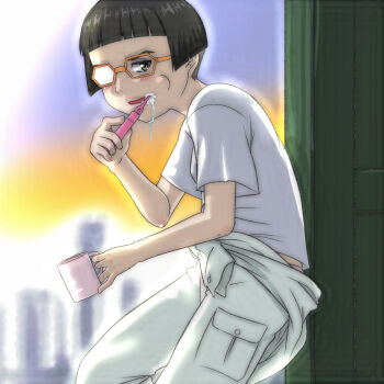 1girl black_hair blush breasts brushing_teeth building city cityscape cup drinking_glass glasses grey_eyes grey_pants holding holding_cup holding_toothbrush kidou_keisatsu_patlabor kidou_keisatsu_patlabor_ezy looking_at_viewer mug open_mouth pants shirt short_hair short_sleeves sky skyscraper small_breasts smile standing t_jiroo_(ringofriend) terada_kurumi toothbrush white_shirt