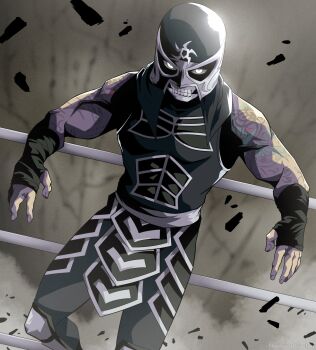 1boy black_bandages commentary english_commentary facepaint glowing glowing_eyes highres looking_at_viewer luchador luchador_mask male_focus mask norbertogaetan pentagon_jr serious solo tattoo twitter_username white_eyes wrestler wrestling_mask wrestling_outfit wrestling_ring wwe