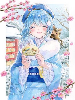 Rule 34 | 1girl, ^ ^, blue hair, blue hat, blue kimono, border, branch, chinese zodiac, closed eyes, commentary request, ema, facing viewer, flower, hat, hatsumoude, hayamasora, highres, holding, holding ema, horse, japanese clothes, kimono, long sleeves, new year, open mouth, original, outdoors, outside border, painting (medium), smile, snow, solo, traditional media, upper body, watercolor (medium), watermark, white border, winter, year of the horse