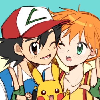 1boy 1girl ;d ash_ketchum baseball_cap black_hair blush brown_eyes cheek-to-cheek collarbone double_v fingerless_gloves gen_1_pokemon gloves green_eyes green_gloves hair_between_eyes hat heads_together jacket misty_(pokemon) nintendo one_eye_closed open_mouth orange_hair pikachu pokemon pokemon_(anime) pokemon_(classic_anime) pokemon_(creature) pokemon_rgby ponytail shirt short_hair shorts side_ponytail smile suspenders tank_top teeth upper_body v w yellow_shirt yellow_tank_top