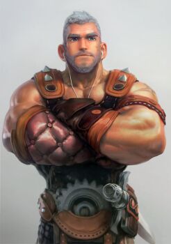 Rule 34 | 1boy, arm hair, armlet, bara, beard, blue eyes, broad shoulders, brown gloves, chest hair, commentary request, cowboy shot, crossed arms, earphones, facial hair, facial scar, gauntlets, gears, gloves, grey background, grey hair, highres, jewelry, male focus, muscular, muscular male, nose, original, pectoral cleavage, pectorals, scar, scar on cheek, scar on face, scar on shoulder, simple background, single gauntlet, solo, sword, thick arms, thick eyebrows, uleez, v-taper, weapon