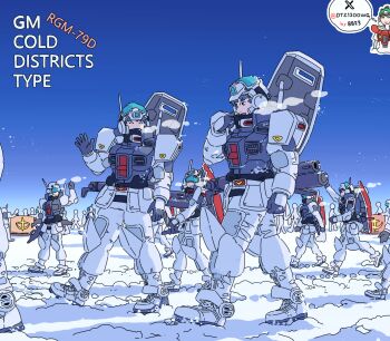 Rule 34 | 6+boys, 8823, beam gun, blue sky, blue visor, closed eyes, earth federation, english text, fog, gm (mobile suit), gun, gundam, highres, holding, holding gun, holding weapon, mecha danshi, mobile suit, mobile suit gundam, multiple boys, science fiction, shield, sky, snow, speech bubble, thought bubble, waving, weapon