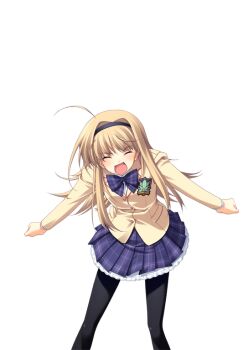 1girl ahoge angry black_hairband black_pantyhose blazer blonde_hair blush bow bowtie breasts brown_jacket chaos;head closed_eyes dress_shirt game_cg hairband jacket lapels leaning_forward matsuo_yukihiro miniskirt nishijou_nanami non-web_source notched_lapels official_art open_mouth outstretched_arms pantyhose petticoat plaid_bow plaid_bowtie plaid_clothes plaid_skirt purple_bow purple_bowtie purple_skirt red_trim school_uniform science_adventure shirt skirt small_breasts solo sprite suimei_academy_school_uniform swept_bangs transparent_background white_shirt winter_uniform