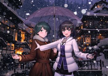 Rule 34 | 2girls, :d, black hair, black skirt, blush, breasts, coat, collared shirt, commentary request, cowboy shot, fur-trimmed coat, fur trim, gloves, green eyes, green hair, grey eyes, haguro (kancolle), haguro kai ni (kancolle), hair ornament, highres, holding, holding umbrella, ichikawa feesu, jacket, kantai collection, location request, long sleeves, looking at viewer, medium breasts, medium hair, mogami (kancolle), multiple girls, open mouth, outdoors, outstretched arm, pantyhose, photo background, purple jacket, shirt, short hair, skirt, smile, snow, snowing, standing, transparent, transparent umbrella, umbrella, white coat, white gloves, white pantyhose, white shirt, winter clothes, winter coat