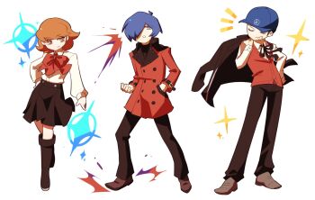 Rule 34 | 1girl, 2boys, aragaki shinjirou, aragaki shinjirou (cosplay), baseball cap, black boots, black jacket, black pants, black skirt, blue hair, blue hat, boots, bow, bowtie, brown eyes, brown hair, closed eyes, closed mouth, coat, collared shirt, commentary request, cosplay, full body, gekkoukan high school uniform, grey eyes, grin, hand in pocket, hat, highres, iori junpei, jacket, jacket on shoulders, kirijou mitsuru, kirijou mitsuru (cosplay), korean commentary, long sleeves, multiple boys, open mouth, pants, persona, persona 3, red bow, red bowtie, red coat, red vest, sanada akihiko, sanada akihiko (cosplay), sasibowol, school uniform, shirt, short hair, simple background, skirt, smile, sparkle, standing, takeba yukari, vest, white background, white shirt, yuuki makoto (persona 3)