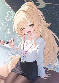 1girl :d black_pantyhose black_skirt blonde_hair blue_archive blush chalkboard collarbone collared_shirt commentary_request commission doodle_sensei_(blue_archive) green_eyes halo haluka_o0 hand_up highres holding holding_pointer id_card lanyard long_hair long_sleeves looking_at_viewer open_mouth pantyhose pointer professor_niyaniya_(blue_archive) sensei_(blue_archive) shirt sitting skeb_commission skirt smile solo very_long_hair white_shirt yellow_halo