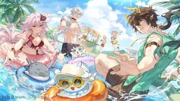 2girls 3boys abs absurdres animal beach bikini black_hair black_shorts blonde_hair blue_eyes blue_sky breasts bubbles_(honkai:_star_rail) commentary dan_heng_(honkai:_star_rail) dan_heng_(permansor_terrae)_(honkai:_star_rail) dragon_boy dragon_tail eastern_dragon_horns english_commentary evernight_(honkai:_star_rail) grey_hair highres holding holding_animal honkai:_star_rail honkai_(series) innertube large_breasts long_hair march_7th_(honkai:_star_rail) multiple_boys multiple_girls muscular muscular_male mydei_(honkai:_star_rail) open_clothes open_shirt palm_tree phainon_(honkai:_star_rail) pointy_ears red_bikini red_eyes red_shorts red_tattoo seal_(animal) shirt short_hair shorts sky stelle_(honkai:_star_rail) swim_ring swimsuit tail toned toned_male toriumu trailblazer_(honkai:_star_rail) tree very_long_hair water white_hair white_shirt yellow_eyes