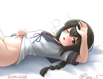 1girl black_hair black_sailor_collar braid brown_eyes dated isonami_(kancolle) kantai_collection long_hair lying navel no_panties no_pants one-hour_drawing_challenge one_eye_closed ray.s sailor_collar sailor_shirt school_uniform serafuku shirt simple_background single_braid solo twitter_username white_background white_shirt