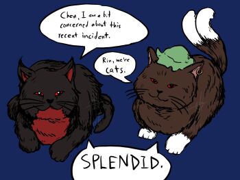 black_fur blue_background brown_fur chen chen_(cat) closed_mouth commentary dark_background earrings english_commentary english_text full_body green_hat hat highres jewelry kaenbyou_rin kaenbyou_rin_(cat) looking_at_viewer mob_cap multiple_tails nekomata occultonic red_eyes red_fur single_earring speech_bubble tail touhou two_tails whiskers white_fur