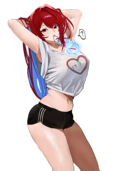 1girl ? armpits arms_behind_head arms_up black_shorts blue_fire blue_hair breasts colored_inner_hair commentary cowboy_shot cropped_shirt elizabeth_rose_bloodflame fire fire_on_chest hair_tie_in_mouth highres hololive hololive_english large_breasts long_hair looking_at_viewer midriff mouth_hold multicolored_hair navel red_eyes red_hair redi_(rasec_asdjh) shirt short_shorts shorts simple_background solo spoken_question_mark symbol-only_commentary virtual_youtuber white_background white_shirt
