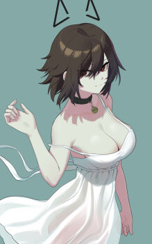 1girl bell black_choker black_hair breasts catherine_(sedai) choker cleavage collarbone commentary drawn_ears dress english_commentary eyelashes from_above green_background hair_between_eyes hand_up highres looking_at_viewer medium_breasts messy_hair sedai short_hair simple_background solo standing strap_slip white_dress