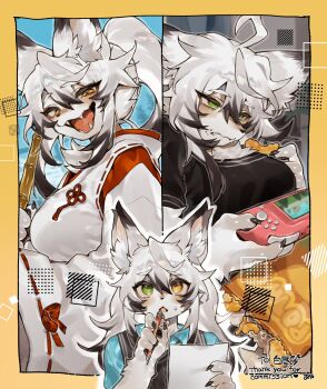 1girl aya_(arioriak) black_hair body_fur chips_(food) colored_tips commentary_request commission eating food food_on_face fox_girl furry furry_female green_eyes handheld_game_console heterochromia highres holding holding_handheld_game_console holding_paper holding_pen japanese_clothes kosode long_hair miko multicolored_hair multiple_views original paper pen playing_games ponytail potato_chips shirt skeb_commission video_game white_fur white_hair white_shirt yellow_background yellow_eyes