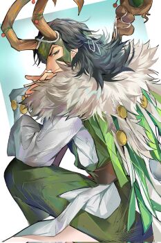 1boy black_hair border brown_eyes cape fake_horns from_behind fur_trim gradient_background green_cape green_pants hashtag-only_commentary highres horned_headwear horns japanese_clothes loki_(marvel) loki_(shin_sagi-shi)_(marvel) looking_back male_focus marvel marvel_rivals medallion medium_hair official_alternate_costume pants profile sitting smirk solo songtanshui02 staff thor_(marvel)_(series) white_border