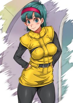 1girl :&gt; blue_eyes blush bodysuit breasts bulma closed_mouth covered_erect_nipples dragon_ball dragonball_z earrings feet_out_of_frame female_focus green_hair groin hairband hands_in_pockets highres indoors jewelry legs looking_at_viewer medium_breasts medium_hair red_hairband sakuradou skin_tight smile solo spaceship standing thighs yellow_bodysuit