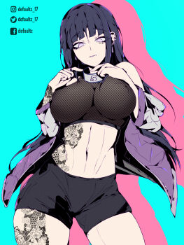 1girl absurdres arm_tattoo black_hair black_shorts breasts covered_erect_nipples cowboy_shot crop_top defaultz ear_piercing facial_tattoo fishnet_top fishnets highres hyuuga_hinata jacket large_breasts leg_tattoo long_hair midriff naruto:_road_to_ninja naruto_(classic) naruto_(series) naruto_shippuuden navel off_shoulder open_clothes open_jacket piercing short_shorts shorts solo stomach_tattoo tattoo twitter_logo