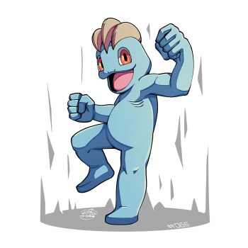 clenched_hands colored_skin full_body gen_1_pokemon grey_skin looking_at_viewer machop mistray-art nintendo open_mouth pokemon pokemon_(creature) red_eyes signature simple_background solo white_background