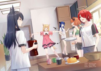 5girls :d animal_ears arknights black_hair blonde_hair bloomers blue_eyes blue_hair blue_tongue bowl brown_eyes casual ceiling_light chinese_commentary closed_eyes closed_mouth coffee_pot colored_tongue commentary cow_horns croissant_(arknights) croissant_(food_fantasy) crop_top cup cupboard demon_horns demon_tail detached_wings dress exusiai_(arknights) frilled_dress frills gogatsu_fukuin green_shirt grey_shorts halo holding holding_plate horns indoors lofter_username looking_at_another mostima_(arknights) mug multiple_girls open_mouth orange_hair outstretched_arms penguin_logistics_(arknights) pink_bloomers pink_dress plant plate plate_stack ponytail potted_plant red_hair refrigerator shirt short_hair short_sleeves shorts smile sora_(arknights) table tail teeth texas_(arknights) twitter_username underwear upper_teeth_only watermark weibo_watermark white_shirt window wings wolf_ears wolf_tail