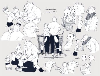 1girl 3boys animal_feet bird_boy bird_girl child claws dressing_another eagle_boy feathers feeding folding_clothes furry furry_female furry_male grey_background greyscale hugging_another&#039;s_leg kiss monochrome multiple_boys multiple_views nagabe original scarf shirt simple_background skirt tail