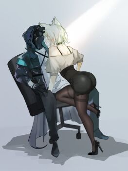1girl 1other absurdres alternate_costume ambiguous_gender animal_ear_fluff animal_ears arknights arm_support ass back bare_shoulders between_legs black_coat black_collar black_footwear black_gloves black_hood black_pants black_pantyhose black_shorts blush bra_strap cat_ears cat_girl chair chest_strap closed_eyes coat collar commentary criss-cross_straps doctor_(arknights) english_commentary facing_another from_side full_body gloves green_hair grey_background high-waist_shorts high_heels highres hood hood_up hooded_coat imminent_kiss invisible_floor kal'tsit_(arknights) knees layton_(sanlayton) leaning leaning_on_person leg_up legs light_particles light_rays long_shirt long_sleeves nervous off-shoulder_shirt off_shoulder office_chair on_chair open_clothes open_coat pants pantyhose pocket profile puckered_lips puffy_long_sleeves puffy_short_sleeves puffy_sleeves pump shadow shirt shoes short_hair short_shorts short_sleeves shorts sitting spread_fingers spread_legs standing standing_on_one_leg sweatdrop swivel_chair thighs white_shirt