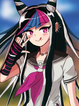 Rule 34 | 1girl, :q, black hair, black nails, blue hair, blue sailor collar, blue sky, blue streaks, blurry, blurry background, blush, bright pupils, cloud, collared shirt, commentary request, danganronpa (series), danganronpa 2: goodbye despair, day, ear piercing, elbow gloves, eyelashes, face piercing, fingerless gloves, fingernails, gloves, hair horns, highres, jewelry, long hair, mioda ibuki, mixed-language commentary, mouth piercing, multicolored gloves, multicolored hair, nail polish, neckerchief, necklace, outdoors, piercing, pink eyes, pink hair, pink neckerchief, pink streaks, realbucheon, sailor collar, shirt, short sleeves, sky, smile, solo, sparkle, streaked hair, striped clothes, striped gloves, tongue, tongue out, two-tone gloves, upper body, w, white hair, white pupils, white shirt