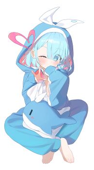 1girl absurdres alternate_costume arona_(blue_archive) barefoot blue_archive blue_eyes blue_hair blue_pajamas blush braid colored_inner_hair full_body hair_over_one_eye halo hand_on_own_chin hashtag-only_commentary heart heart_halo highres hood hood_up indian_style long_sleeves looking_at_viewer multicolored_hair nnmbpx one_eye_closed outstretched_arm pajamas partially_unbuttoned pink_hair pink_halo reaching reaching_towards_viewer short_hair simple_background single_braid single_sleeve_past_fingers single_sleeve_past_wrist sitting stuffed_whale white_background