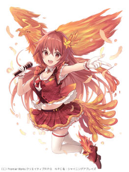 1girl :d bird boots breasts character_request commentary_request copyright_notice creativerpg feather_hair_ornament feathers floating_hair full_body gloves hair_between_eyes hair_ornament hands_up holding holding_microphone long_hair looking_at_viewer medium_breasts microphone midriff miniskirt navel official_art open_mouth phoenix pleated_skirt pleated_vest red_boots red_eyes red_hair red_ribbon red_skirt red_vest ribbon shirt skindentation skirt sleeveless sleeveless_shirt smile solo teeth thighhighs tongue tougo upper_teeth_only variant_set vest white_gloves white_shirt white_thighhighs zettai_ryouiki
