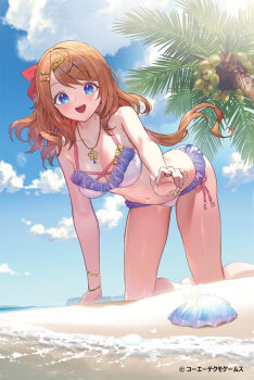 1girl all_fours atelier_(series) atelier_resleriana beach bikini blue_eyes blue_sky bracelet breasts clam cleavage coconut_tree commentary_request day frilled_bikini frills hair_ornament hair_ribbon hairclip highres jewelry long_hair looking_at_viewer medium_breasts multiple_bracelets navel necklace official_art open_mouth orange_hair outdoors palm_tree purple_trim red_ribbon resna_sternenlicht ribbon second-party_source side-tie_bikini_bottom sky smile solo swimsuit tree umiu_geso water white_bikini