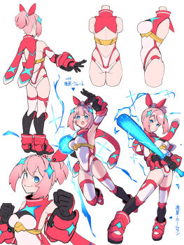 1girl ass baseball_bat black_gloves blue_eyes blush boots breasts clenched_hand clenched_hands closed_mouth covered_navel electricity energy_sword full_body gauntlets gloves hair_ornament hero_metero_(kitasshi) highleg highleg_leotard highres holding holding_baseball_bat holding_weapon kitasshi leotard looking_at_viewer medium_breasts multiple_views open_mouth original pink_hair ponytail reference_sheet scarf short_hair short_ponytail simple_background smile standing star_(symbol) star_hair_ornament sword thighhighs weapon white_background white_leotard white_thighhighs