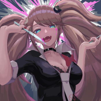 1girl :d absurdres bear_hair_ornament black_shirt blonde_hair blood blue_eyes bow breasts cleavage collarbone danganronpa:_trigger_happy_havoc danganronpa_(series) enoshima_junko hair_ornament hands_up highres holding holding_knife knife large_breasts long_hair looking_at_viewer nail_polish necktie open_mouth pink_blood red_bow red_nails self-harm shirt smile solo teeth tongue tongue_out twintails upper_teeth_only vegakirie