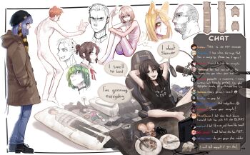 4boys 6+girls :d absurdres bed black_hair black_shirt blonde_hair body_freckles breast_mousepad brown_hair brown_jacket can cat_baguette_(popopoka) chat_log completely_nude dakimakura_(object) english_text fat fat_man fork freckles from_side frown green_hair highres jacket long_hair microphone multiple_boys multiple_girls nude open_mouth original pants pillow plate popopoka sex_toy shirt shoes short_hair short_sleeves sitting smile speech_bubble teeth upper_teeth_only