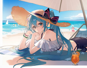 1girl beach beach_umbrella bikini black_bow blue_bikini blue_eyes blue_hair blush bow brown_hat closed_mouth cloud commentary cup dan_huang_su_tankou day double-parted_bangs drinking_glass drinking_straw food fruit hair_between_eyes hair_bow hat hatsune_miku highres juice long_hair looking_at_viewer lying off-shoulder_bikini off_shoulder on_stomach orange_(fruit) orange_juice orange_slice outdoors solo_focus striped_bow sun_hat swimsuit twintails umbrella upper_body vocaloid